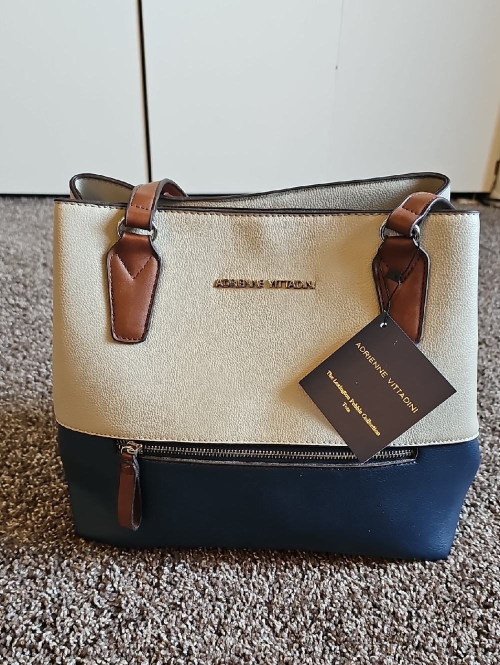 Adrienne Vittadini Cream, Navy & Brown Colorblock Tote
